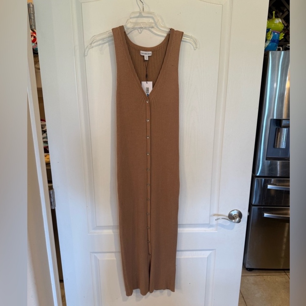 Calvin Klein smooth cotton rib sweater v neck midi dress